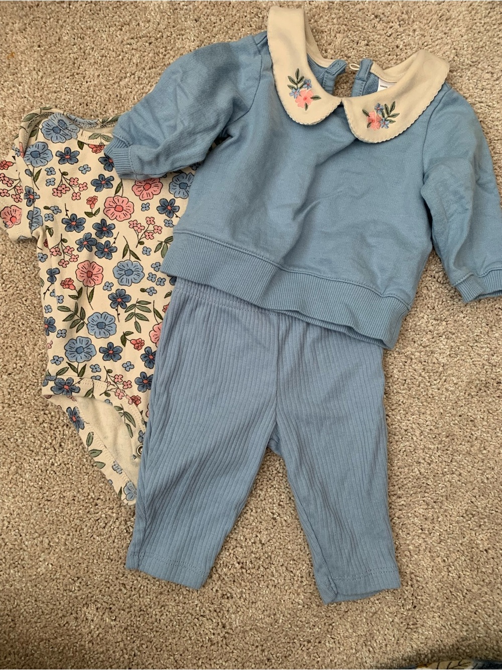Carter’s Blue Embroidered Collar Baby Set with Floral Bodysuit